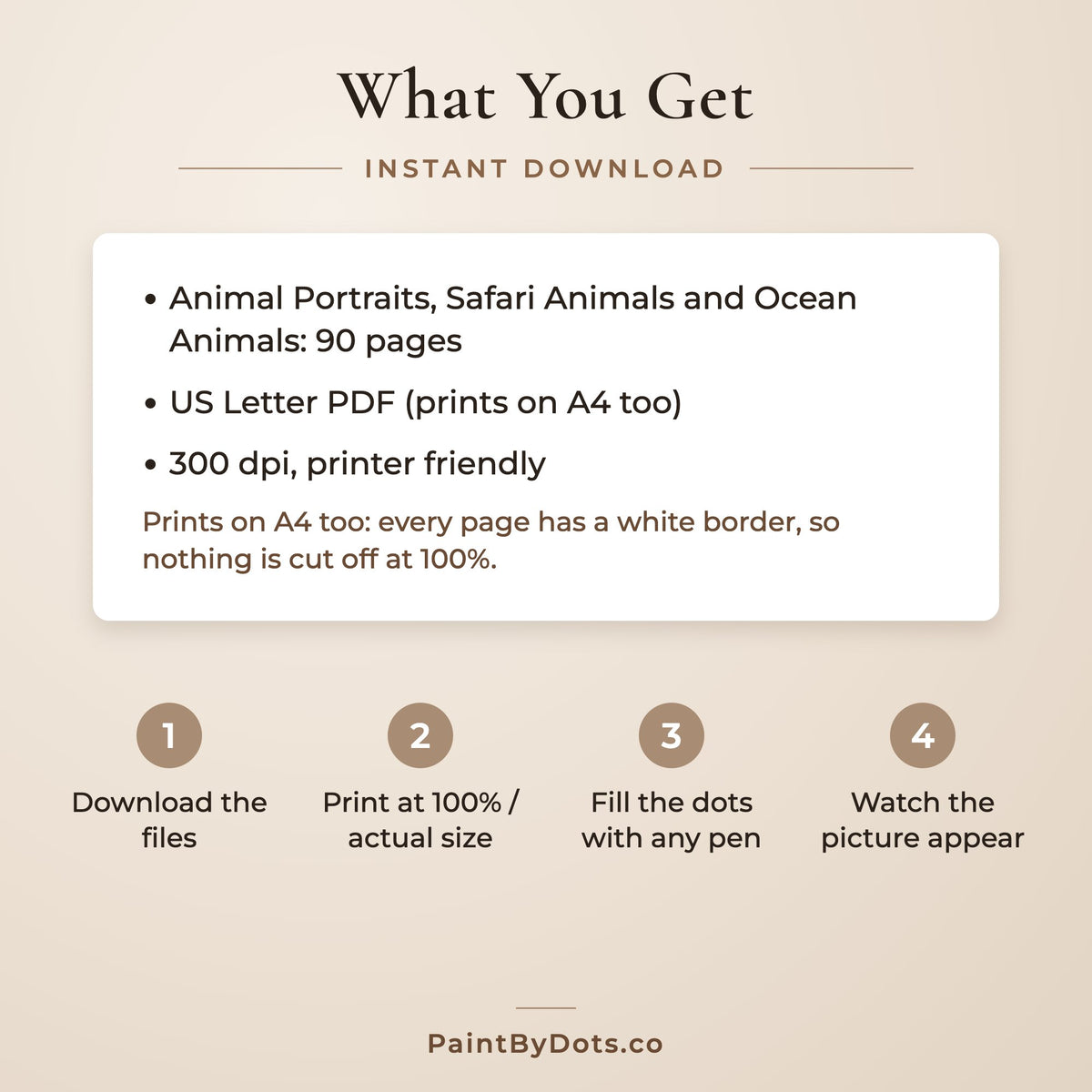 Download files in the Wild Animals dot painting bundle and how to print them (dot painting)