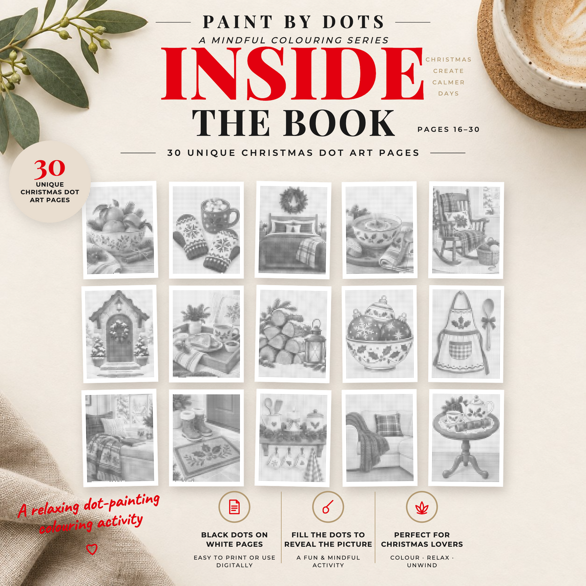 Preview of Cosy Christmas printable dot painting designs, pages 16 to 30