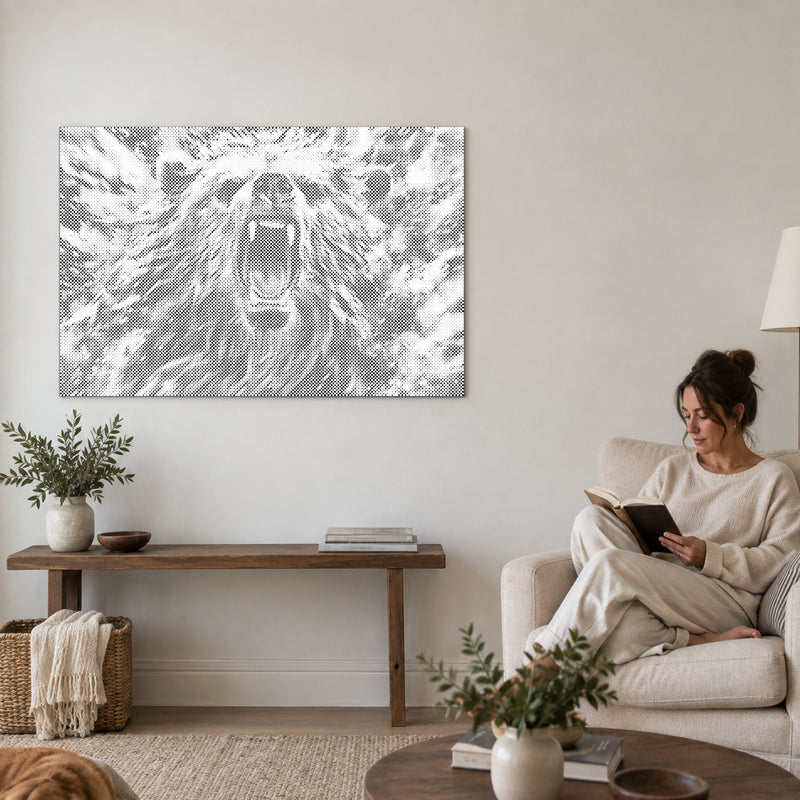 Dot-painting canvas “Angry Bear”, on a living-room wall with a person reading in an armchair nearby.