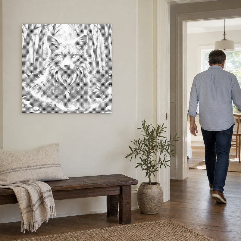 Dot-painting canvas “Magical Fox”, on a light wall with a person walking through the doorway nearby.