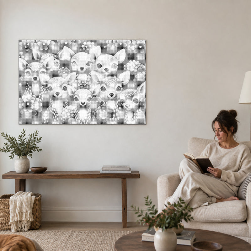 Dot-painting canvas “Stag Forest Edition”, on a living-room wall with a person reading in an armchair nearby.