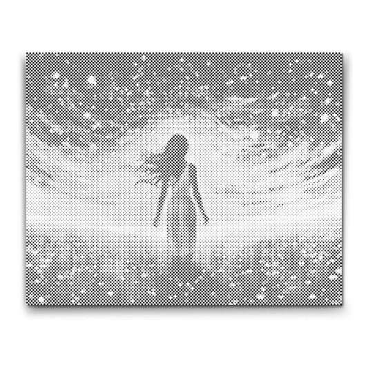 Dot Painting: Silhouette einer Frau im Feld vor wirbelndem Sternenhimmel