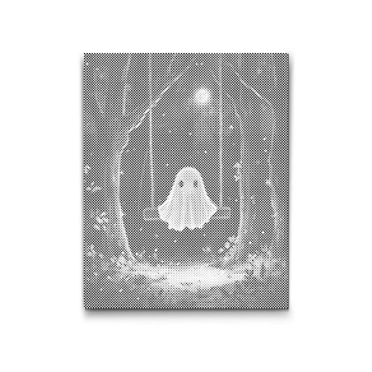 Dot Painting: kleines Gespenst auf Schaukel im nächtlichen Wald