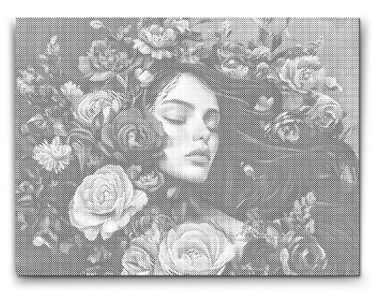 Dot Painting: Frau mit geschlossenen Augen im Rosenmeer