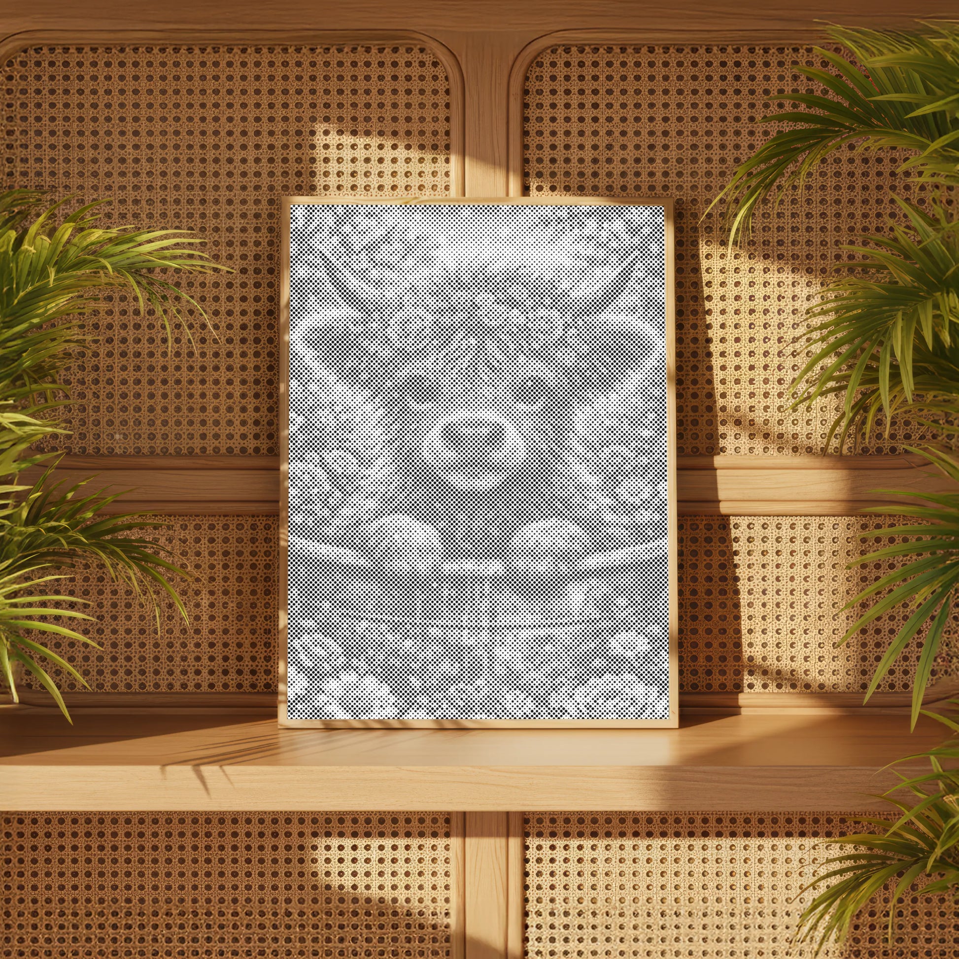 Framed artwork of a Blossom Highland Cow | Dot Painting Kit on a wooden shelf with plants