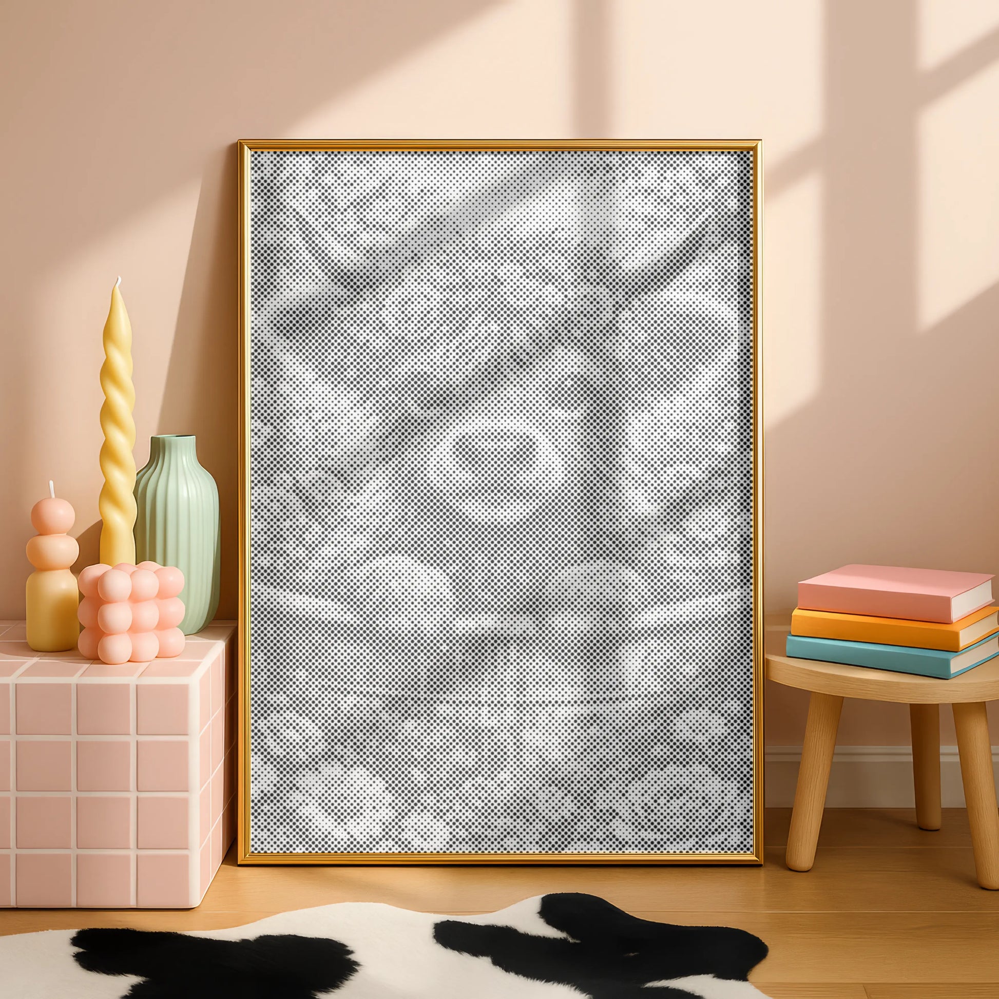 Framed abstract artwork on a wall with decorative items below. Blossom Highland Cow | Dot Painting Kit