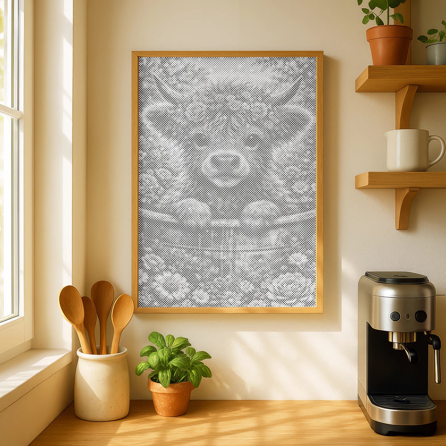 Nestle baby cow illustration on a wall in a cozy kitchen with plants and a coffee machine. Blossom Highland Cow | Dot Painting Kit