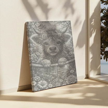 Decorative wall art with a cow design on a neutral background. Blossom Highland Cow | Dot Painting Kit