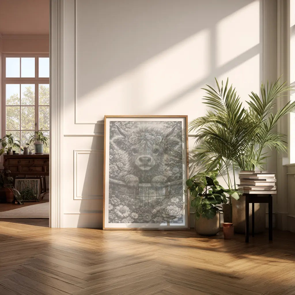 Blossom Highland Cow | Dot Painting KitFramed artwork on a wall in a sunlit room with plants