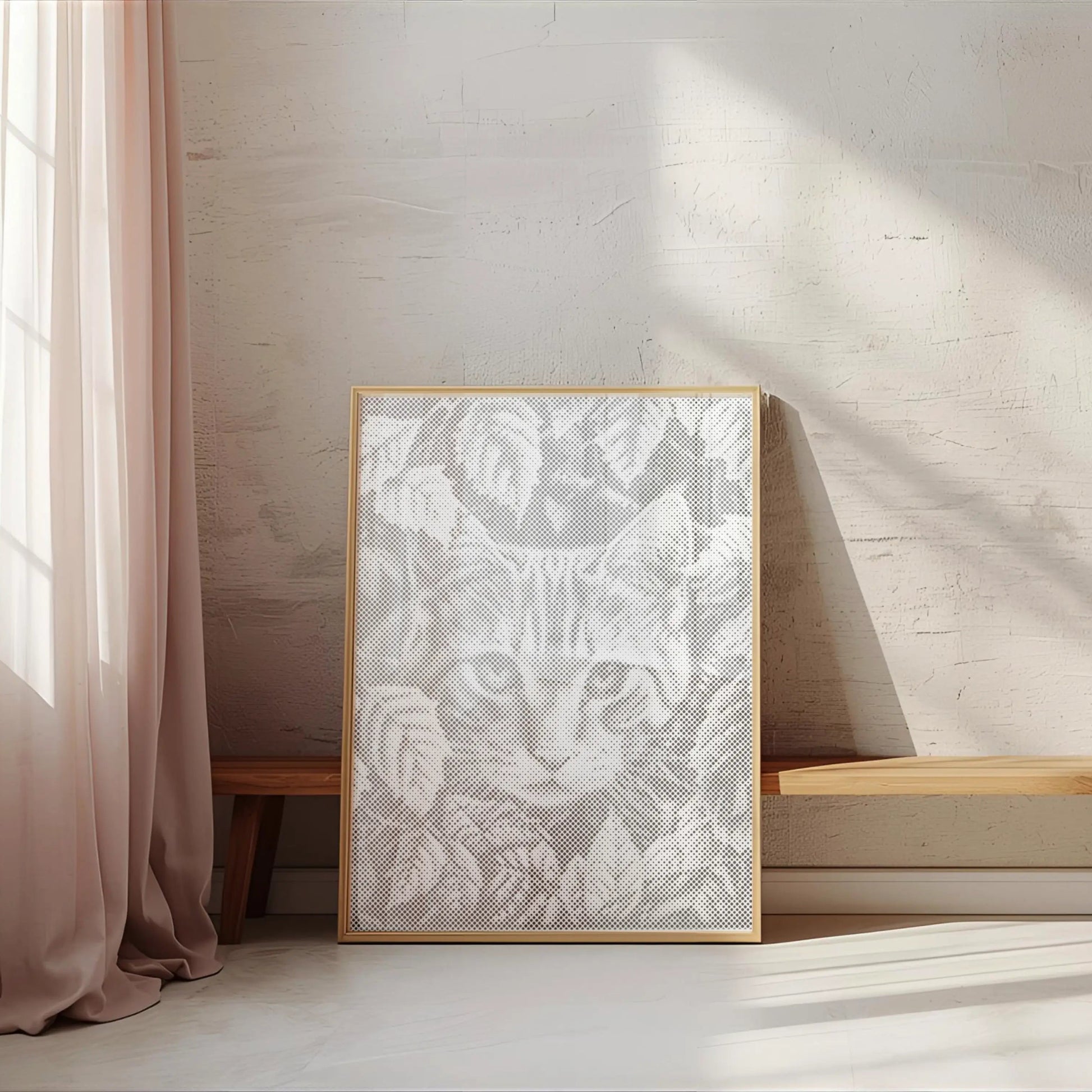 Framed artwork of a cat on a wall in a bright room with sunlight streaming through a window. Cat Playing with Leaves | Dot Painting