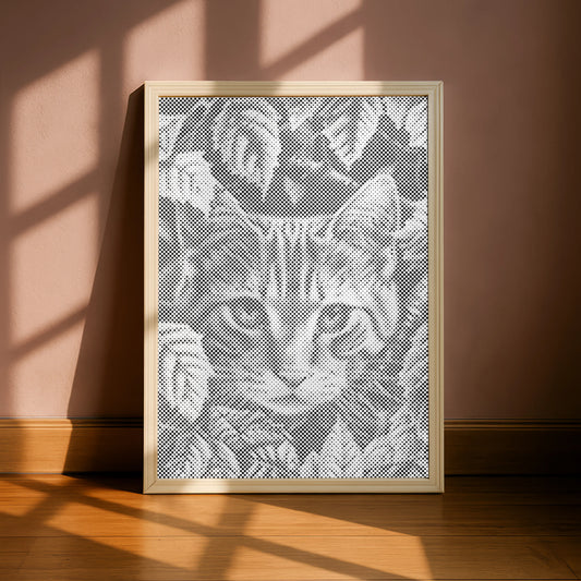 Framed lace art of a cat's face on a pink wall with sunlight casting shadows.