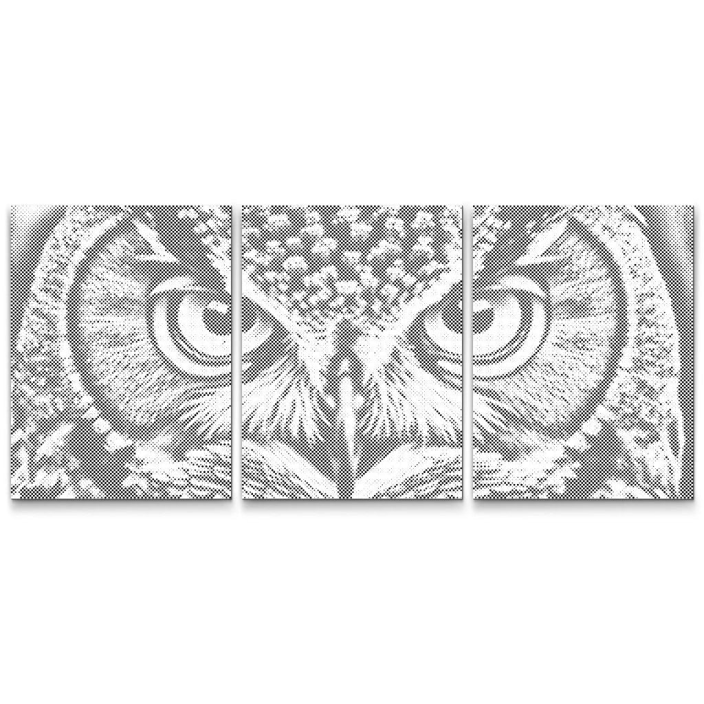 3-teiliges Dot Painting mit Eulenmotiv – intensiver Blick in Punktmalerei mit starker Ausstrahlung und Bedeutung