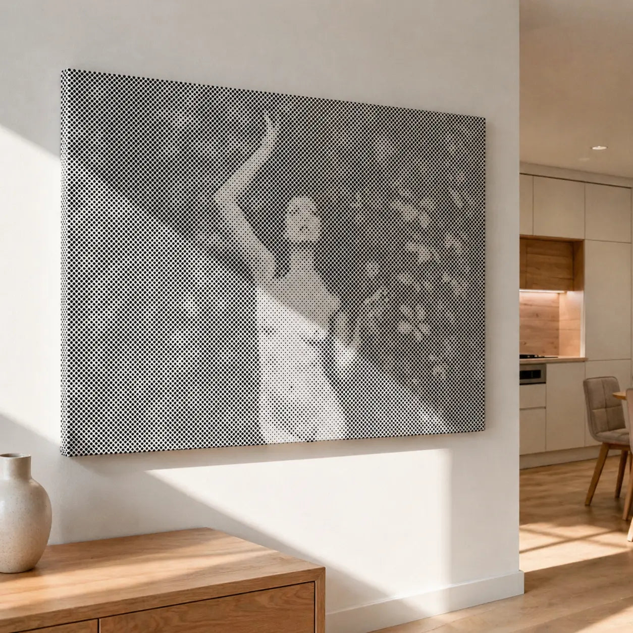 Modern interior with a decorative wall panel featuring a stylized dancer. Figure Art Dot Painting Kits