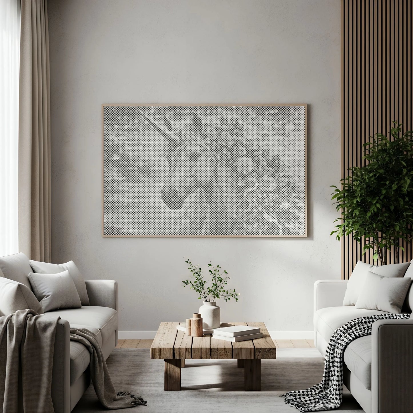 Floral Unicorn| Dot Painting Kit Living room with a unicorn artwork on the wall, two sofas, and a coffee table.