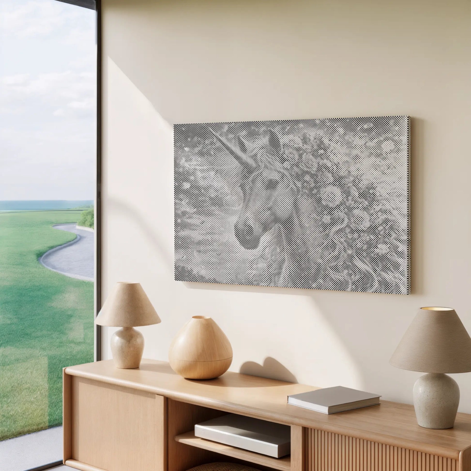 Decorative unicorn painting on a wall above a wooden console table with lamps and books. Floral Unicorn| Dot Painting Kit