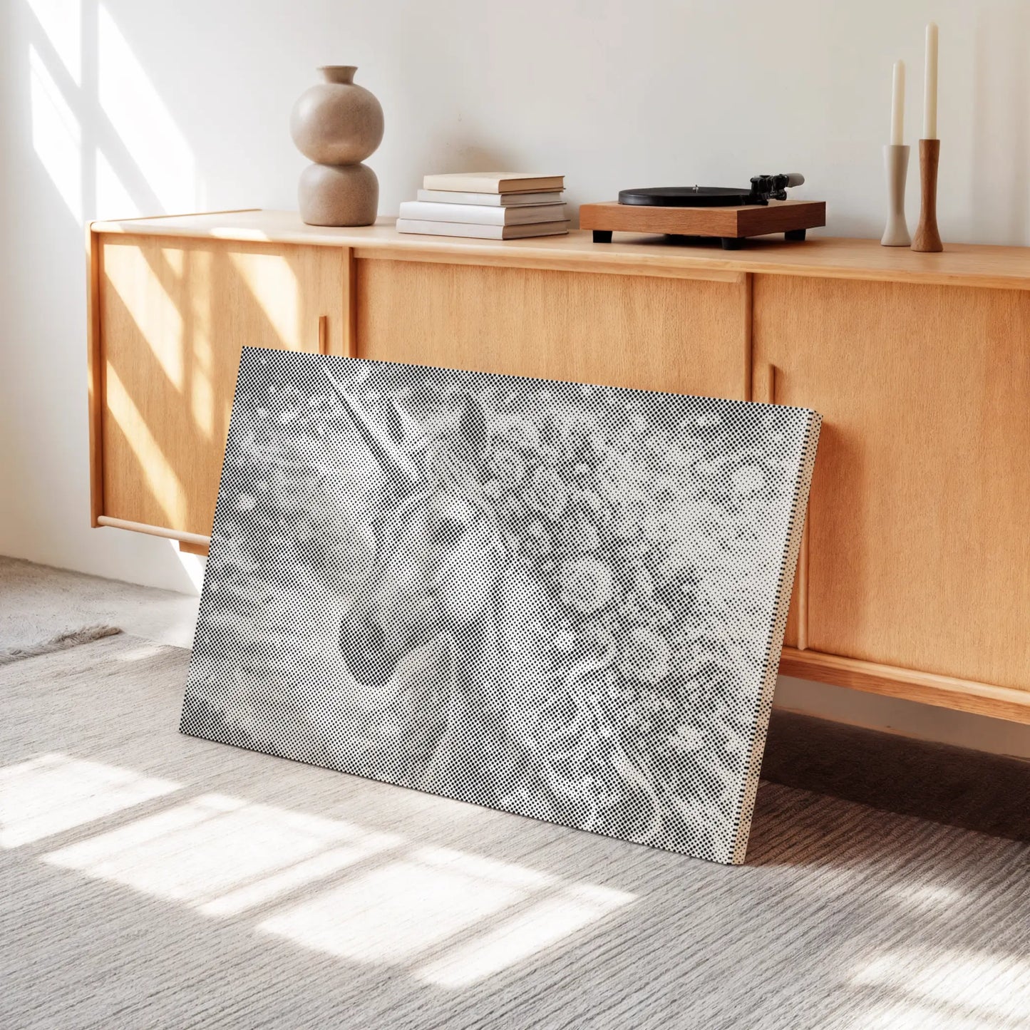 Decorative wall art with a horse design on a textured surface in a room with wooden furniture and sunlight. Floral Unicorn| Dot Painting Kit
