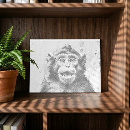 A rectangular wall art print featuring a black-and-white monkey portrait, displayed on a dark wooden shelf next to a potted fern with dappled sunlight and shadows. Happy Monkey | Dot Painting Kit