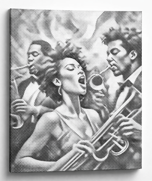 Dot Painting Wandbild eines Jazz Sängers in blauer Punkttechnik, modernes Jazz Wandbild mit Musiker Ensemble