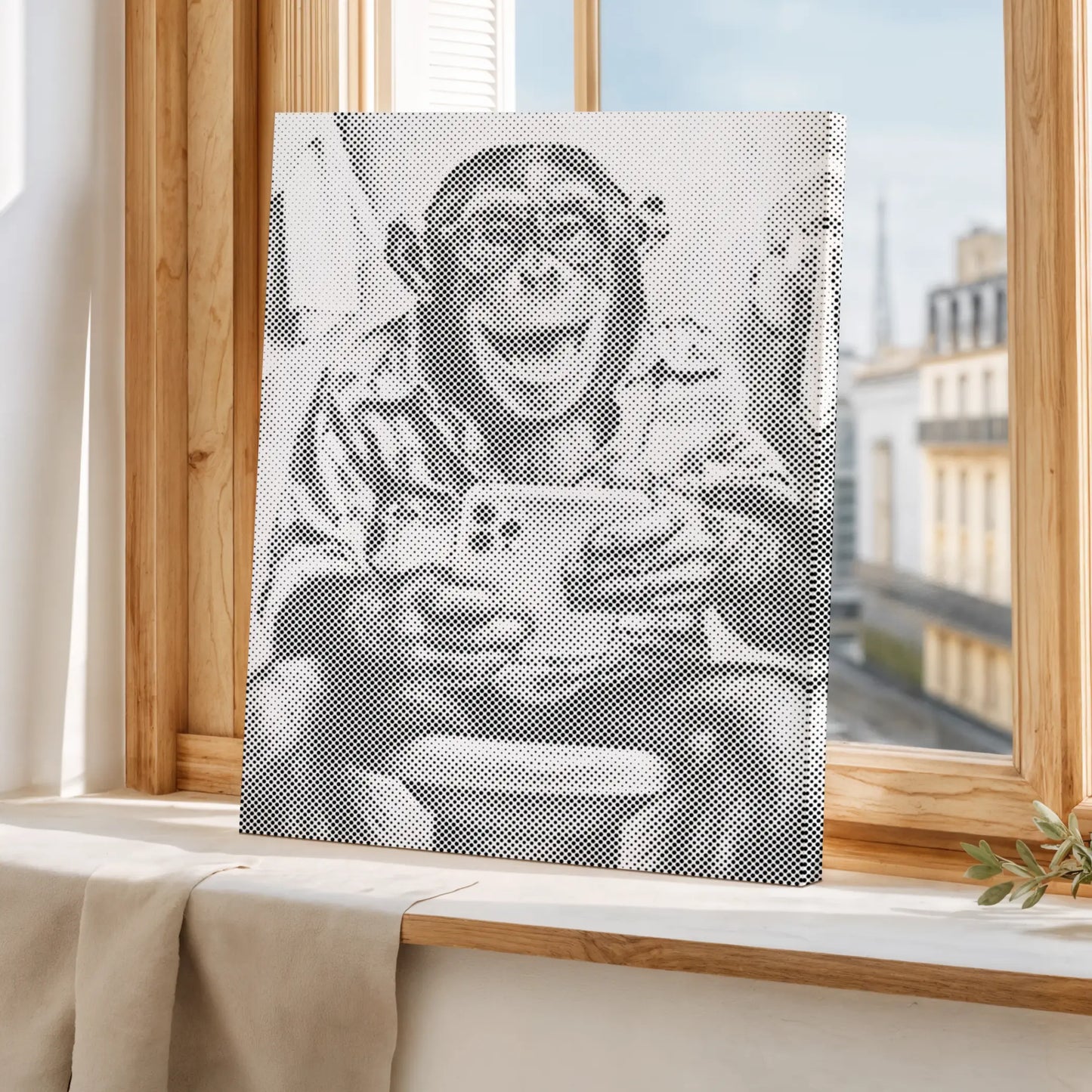 Framed artwork of a monkey holding a coffee cup on a windowsill with a cityscape view. Laughing Monkey with Selfie | Dot Painting Kit