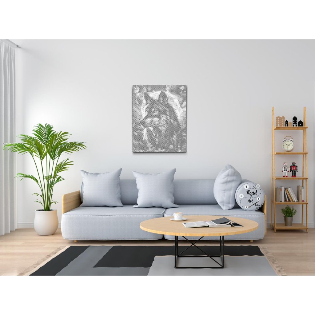 Dot Painting eines Wolfs mit Vollmond – mystisches Tiermotiv in Punktmalerei