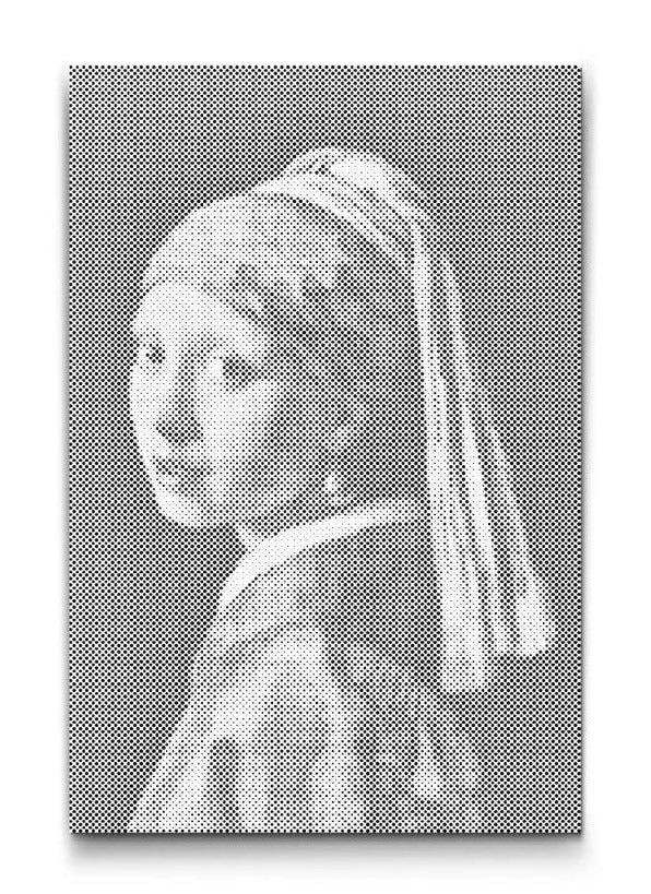 Punktkunst-Wandbild inspiriert vom Mädchen mit dem Perlenohrring in moderner, minimalistischer Darstellung