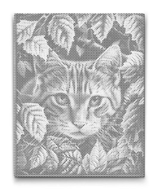 Katze Wandbild schwarz weiss in Punktmalerei mit Blättern