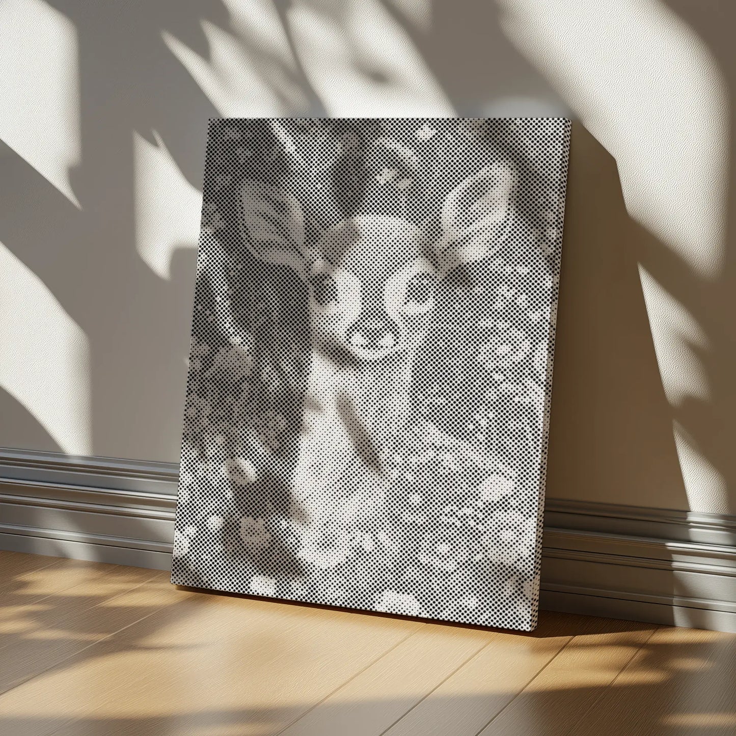 Dot Painting Kit Fawn – Quiet Meadow | Paint by Dots Decorative wall art with a deer design on a textured surface, casting shadows on a light-colored wall.