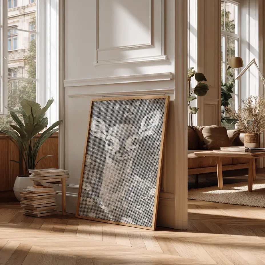 Framed artwork of a deer in a stylish living room with large windows. Dot Painting Kit Fawn – Quiet Meadow | Paint by Dots
