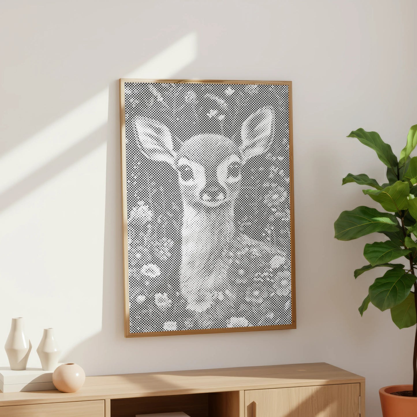 Framed artwork of a deer with floral patterns on a wall above a wooden cabinet. Dot Painting Kit Fawn – Quiet Meadow | Paint by Dots