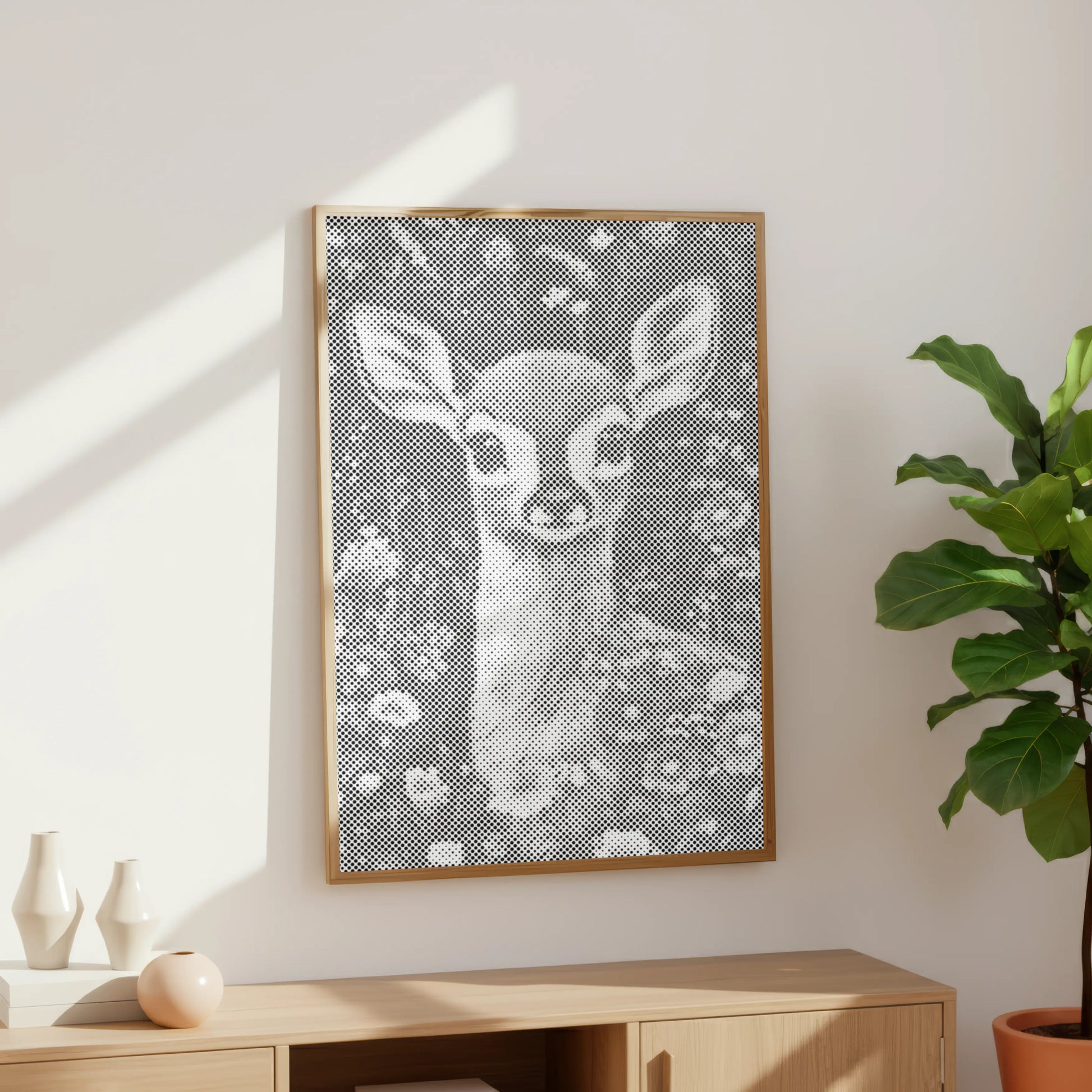 Framed artwork of a deer with floral patterns on a wall above a wooden cabinet. Dot Painting Kit Fawn – Quiet Meadow | Paint by Dots