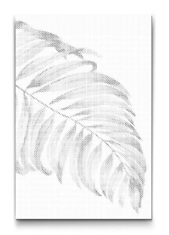 minimalistisches dot painting mit palmenblatt in schwarz weiss als moderne wandkunst