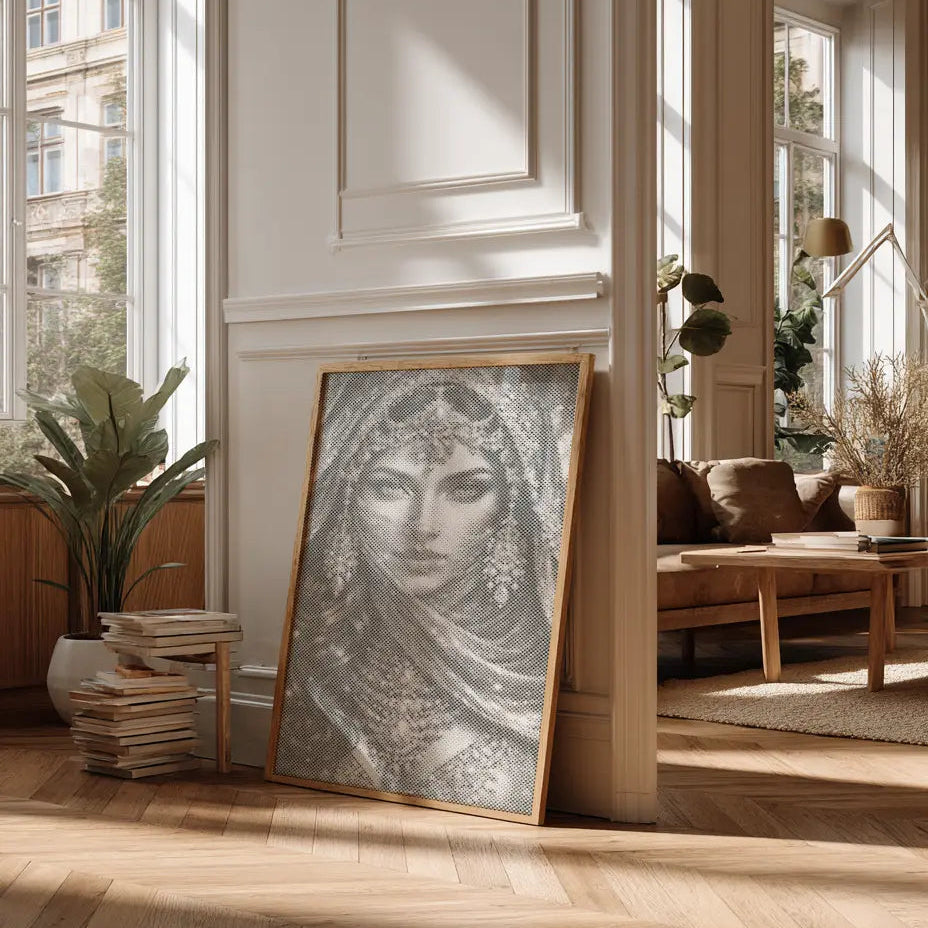 Framed artwork of a woman with a headscarf in a sunlit room with large windows. Veil of Gold Arabian Portrait | Dot Painting Kit