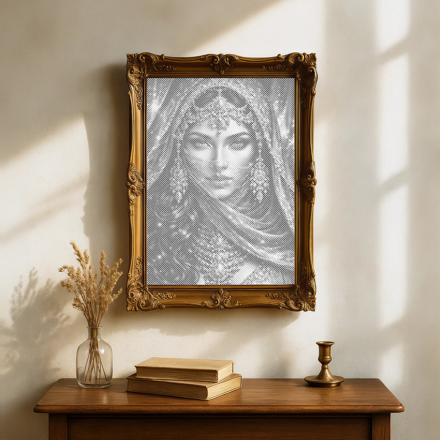 Decorative wall art of a woman's face in an ornate gold frame, with books and a candle on a wooden table below. Veil of Gold Arabian Portrait | Dot Painting Kit
