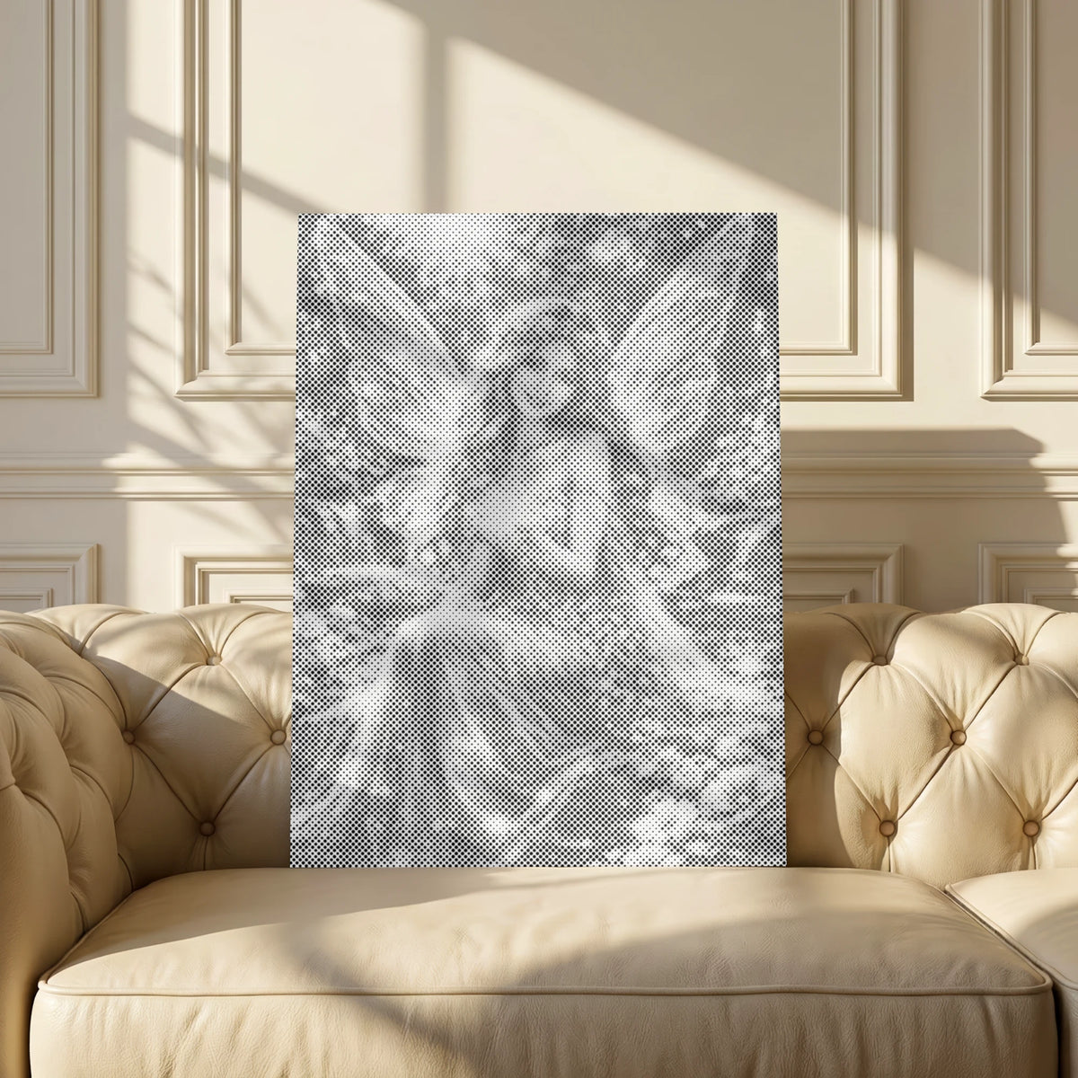 A Whisper of Magic fairy dot painting canvas resting on a cream sofa against a panelled wall.