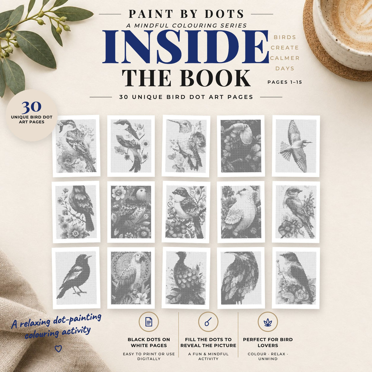 Preview of Bird Portraits printable dot painting designs, pages 1 to 15