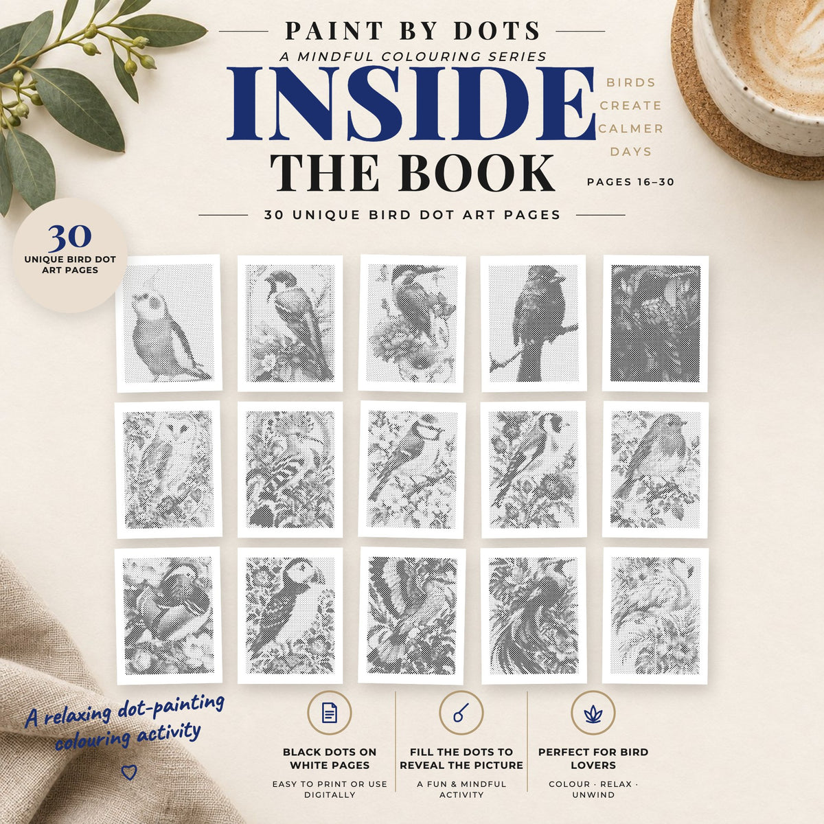 Preview of Bird Portraits printable dot painting designs, pages 16 to 30