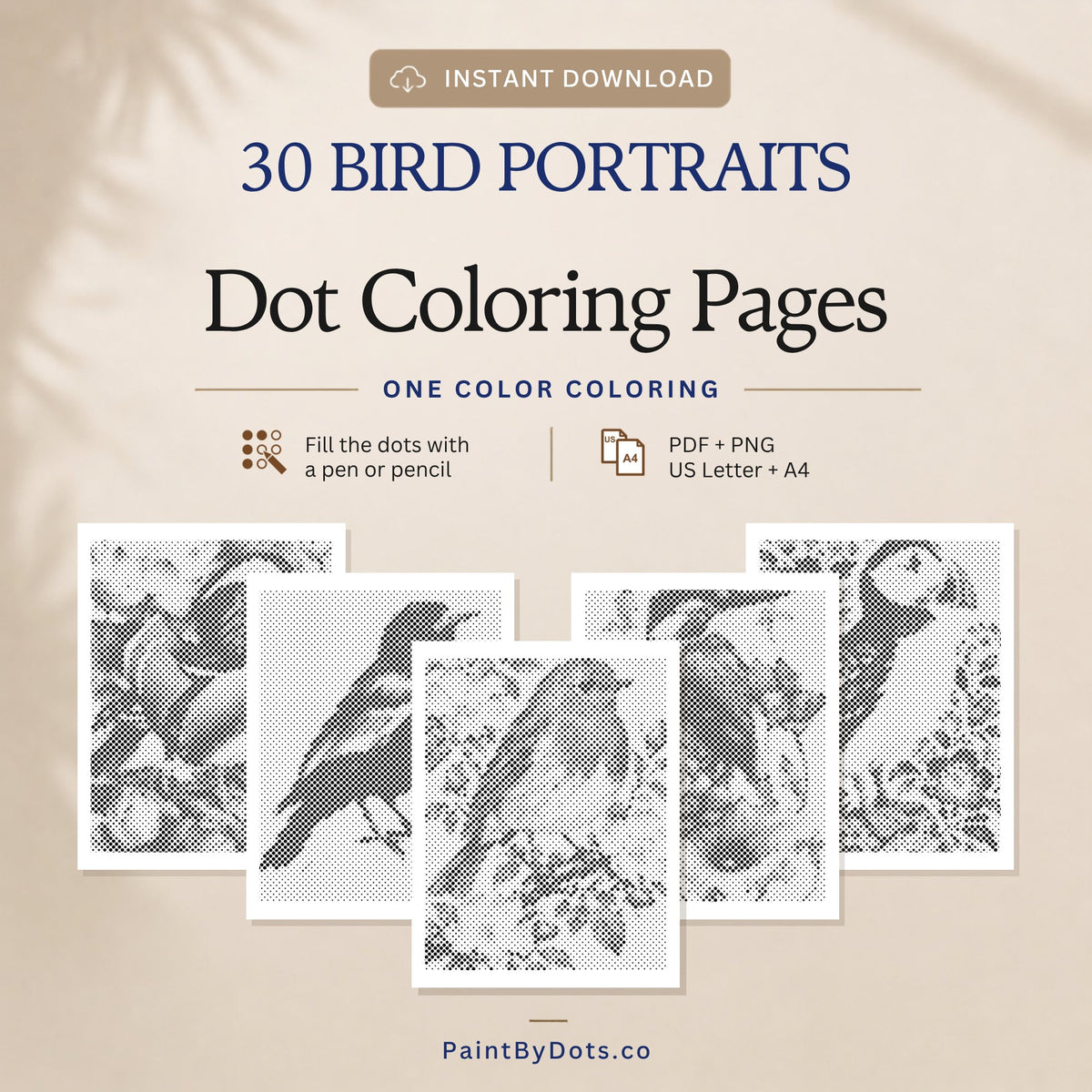 Bird Portraits dot painting digital download with 30 printable pages (dot painting)