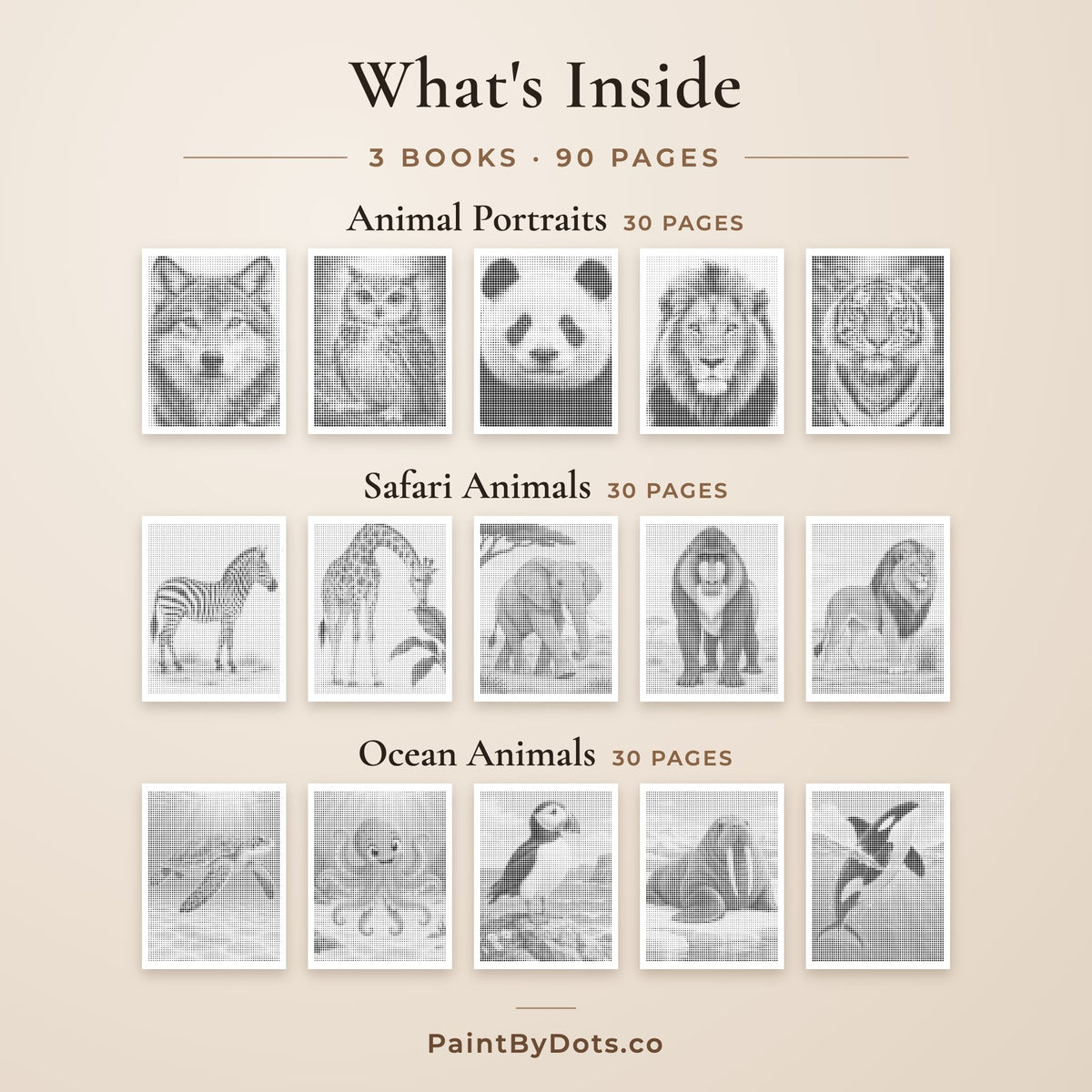 What's inside the Wild Animals dot painting bundle: Animal Portraits, Safari Animals and Ocean Animals