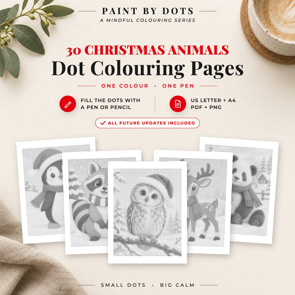 Christmas Animals dot colouring pages cover with 30 printable dot painting designs