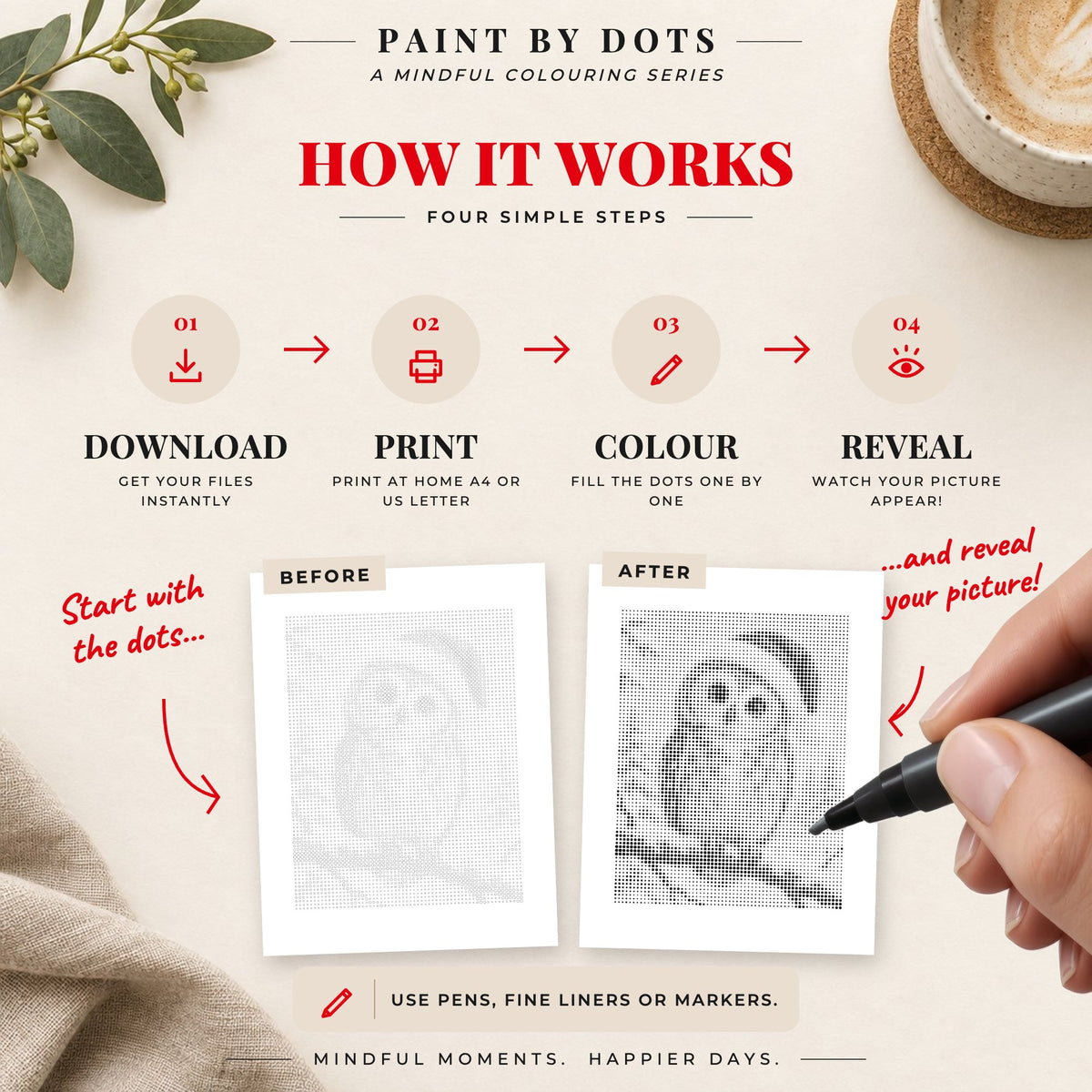 How to download, print and fill the circles in the Christmas Animals dot painting book