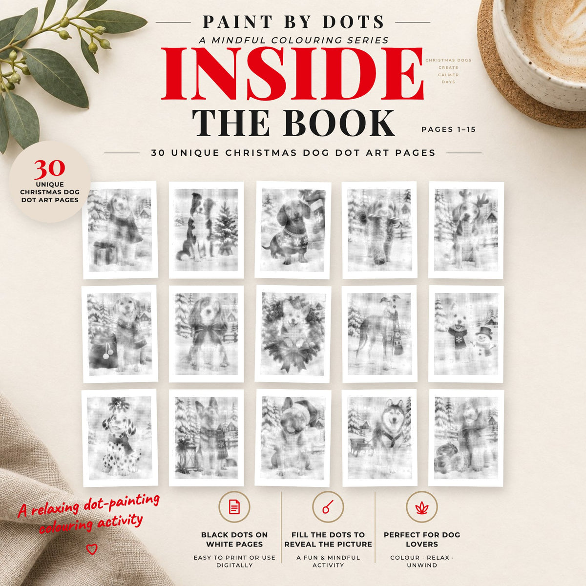 Preview of Christmas Dogs printable dot painting designs, pages 1 to 15