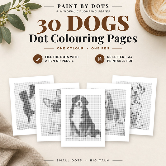 Cover of the Dogs dot colouring book with five dog portraits and 30 printable dot painting pages, available as an A4 and US Letter PDF download.