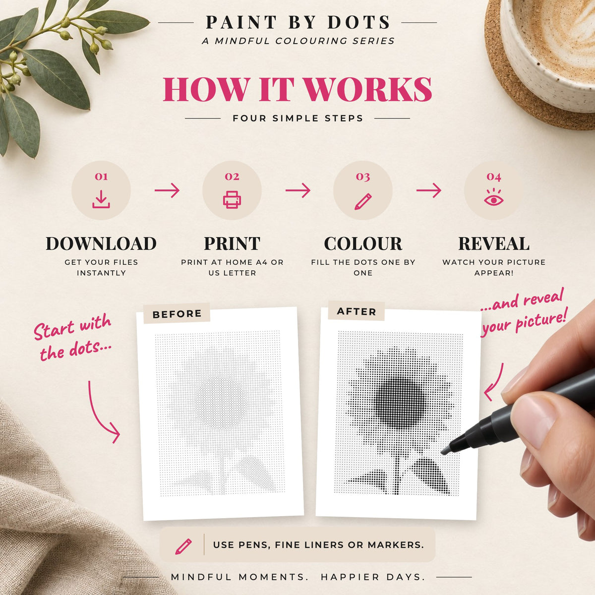 How to download, print and fill the circles in the Flowers dot painting book
