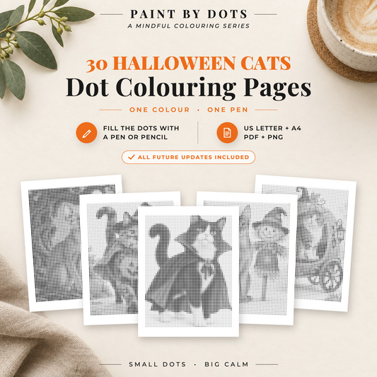 Halloween Cats dot painting book cover with 30 printable designs