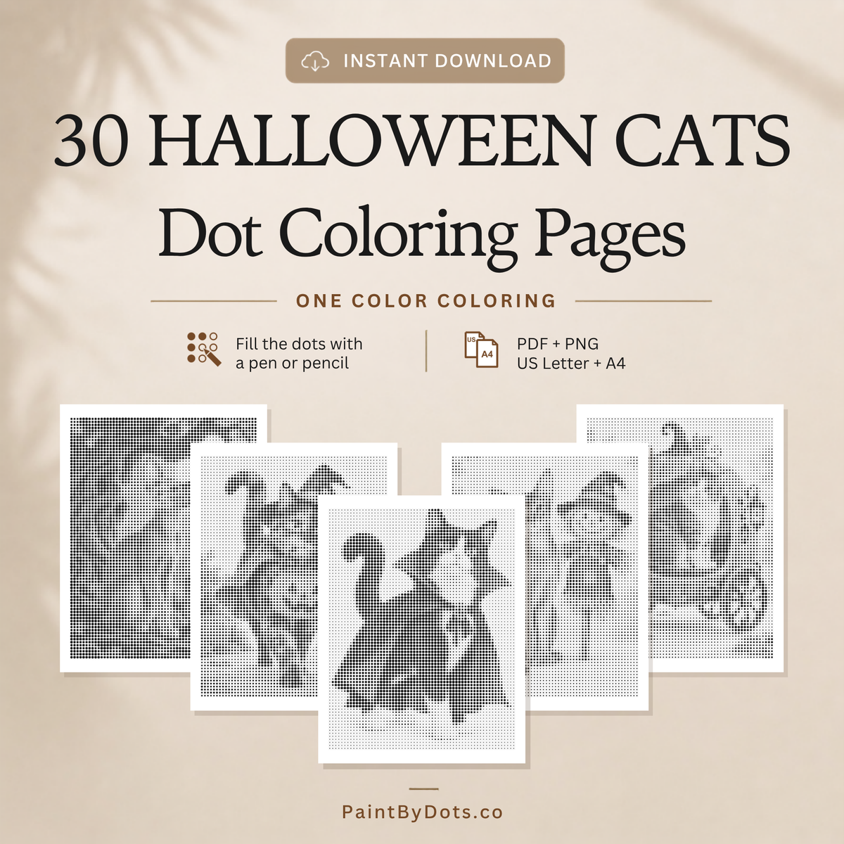 Halloween Cats dot painting book, 30 printable PDF and PNG designs