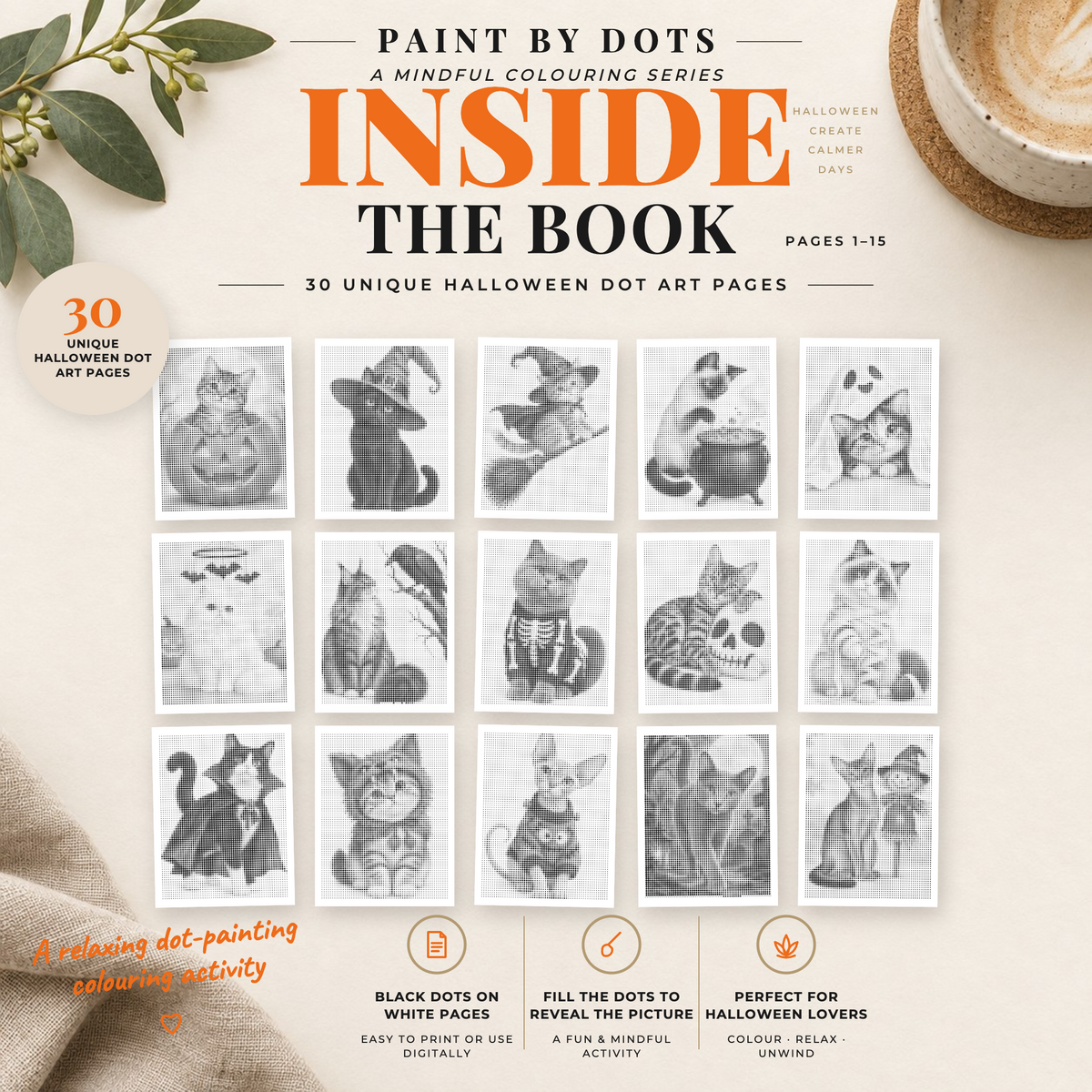 Printable Halloween Cats dot painting designs, pages 1–15