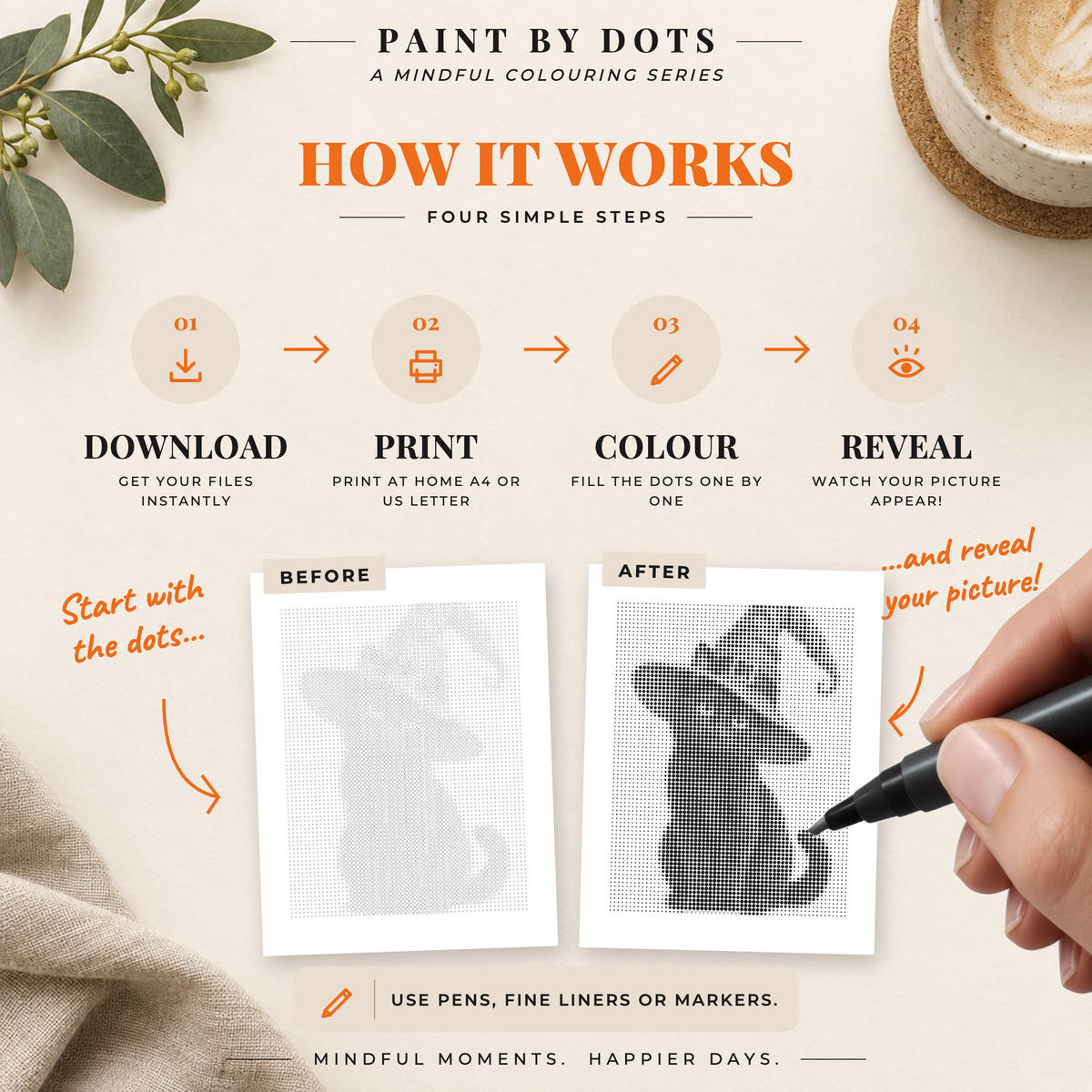 How to download, print and fill the circles in the Halloween Cats dot painting book