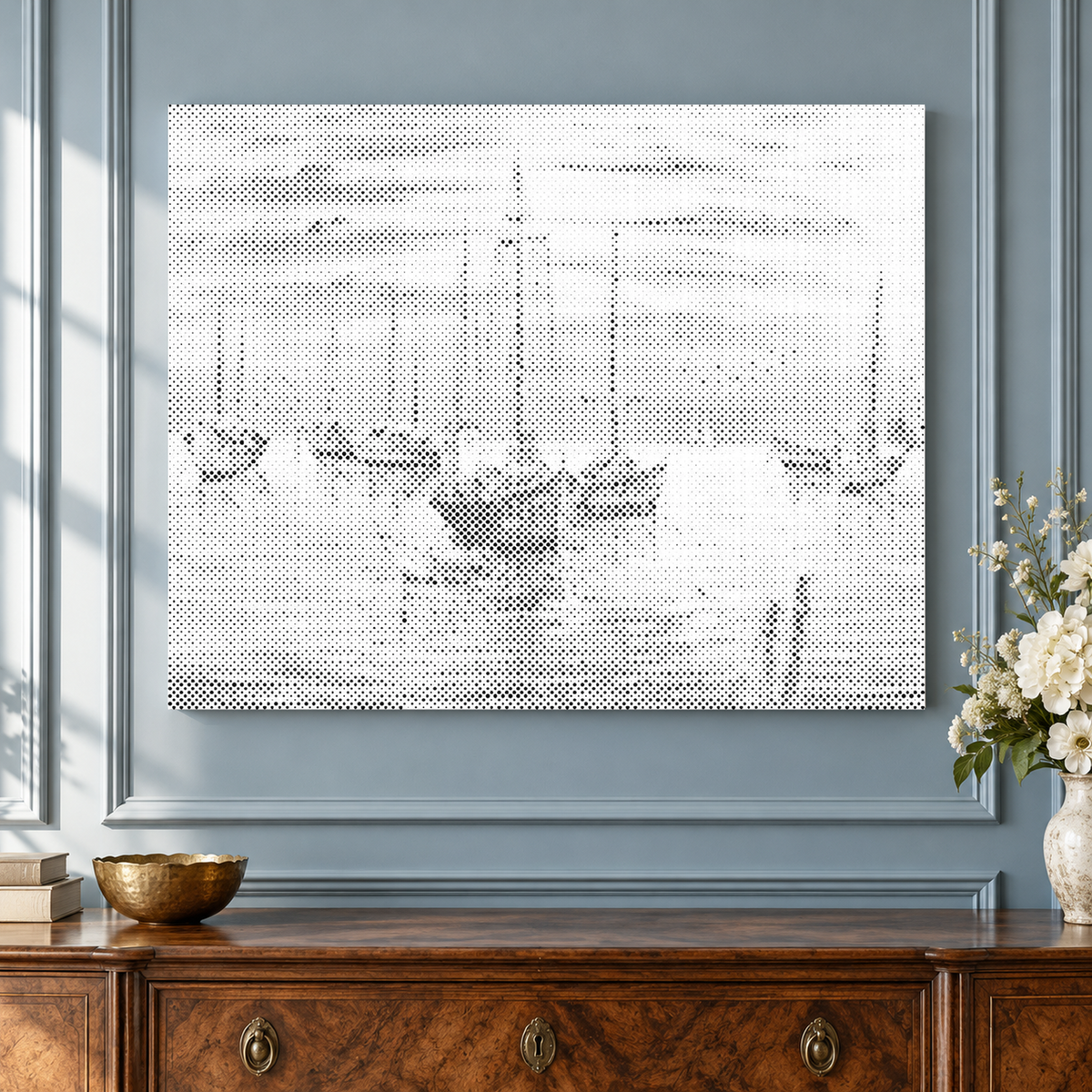 Harbour of Dreams sailboat dot painting shown close up against pale blue panelled walls above a walnut console.