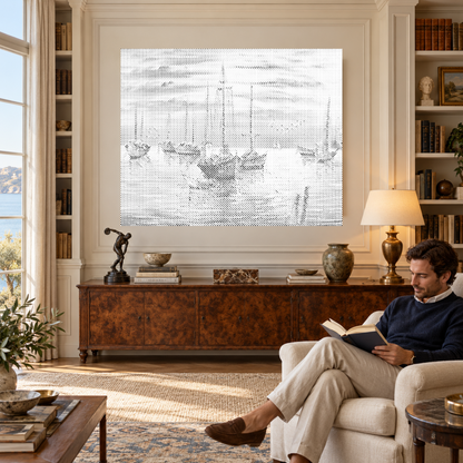 Harbour of Dreams sailboat dot painting in a luxurious panelled library, with a man seated nearby reading a book.