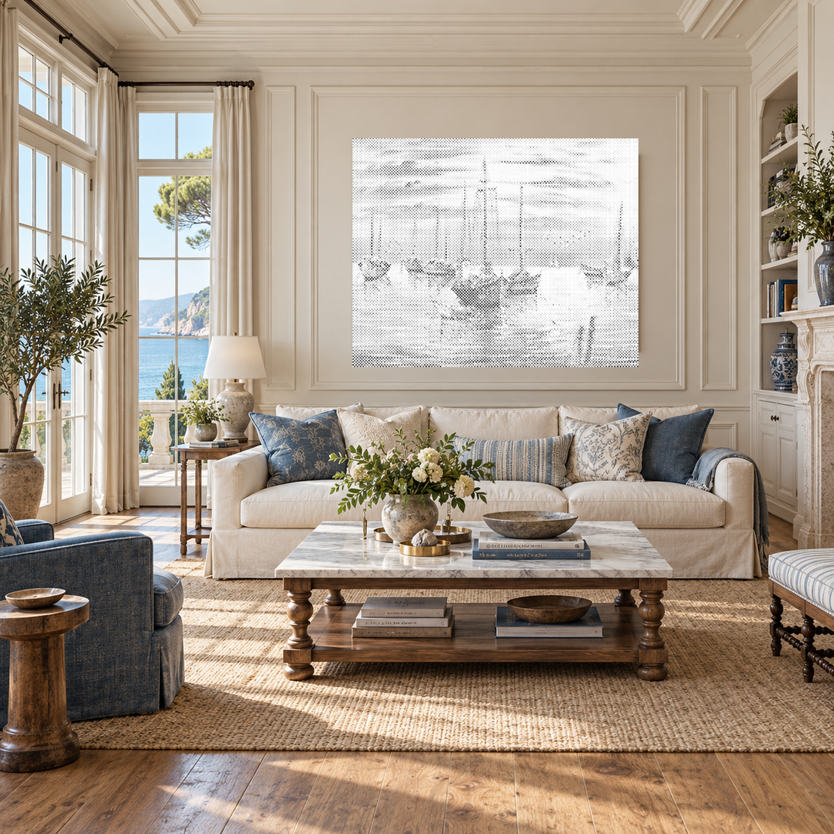 Harbour of Dreams sailboat dot painting in a wide view of a luxurious coastal living room with ivory panelling and a linen sofa.